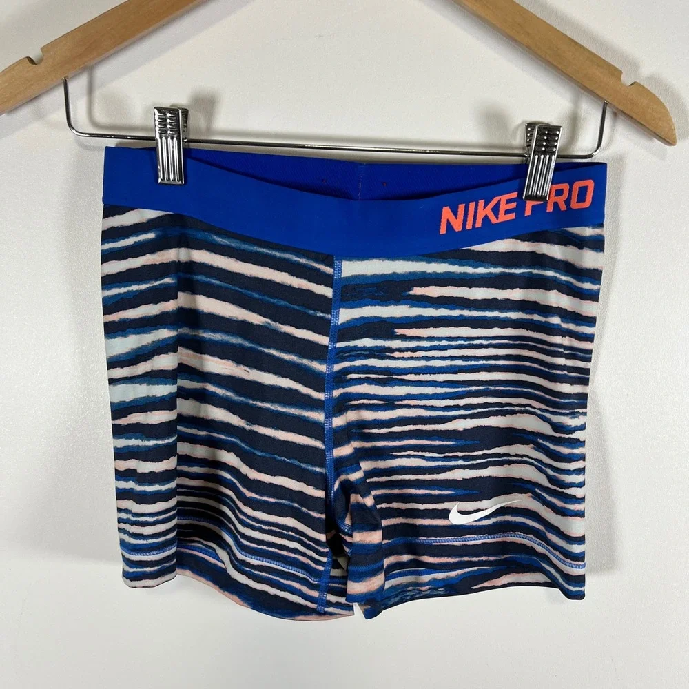 Nike Pro Dri-FIT Women Blue Pink‎ Striped Compression Athletic Shorts Size Large